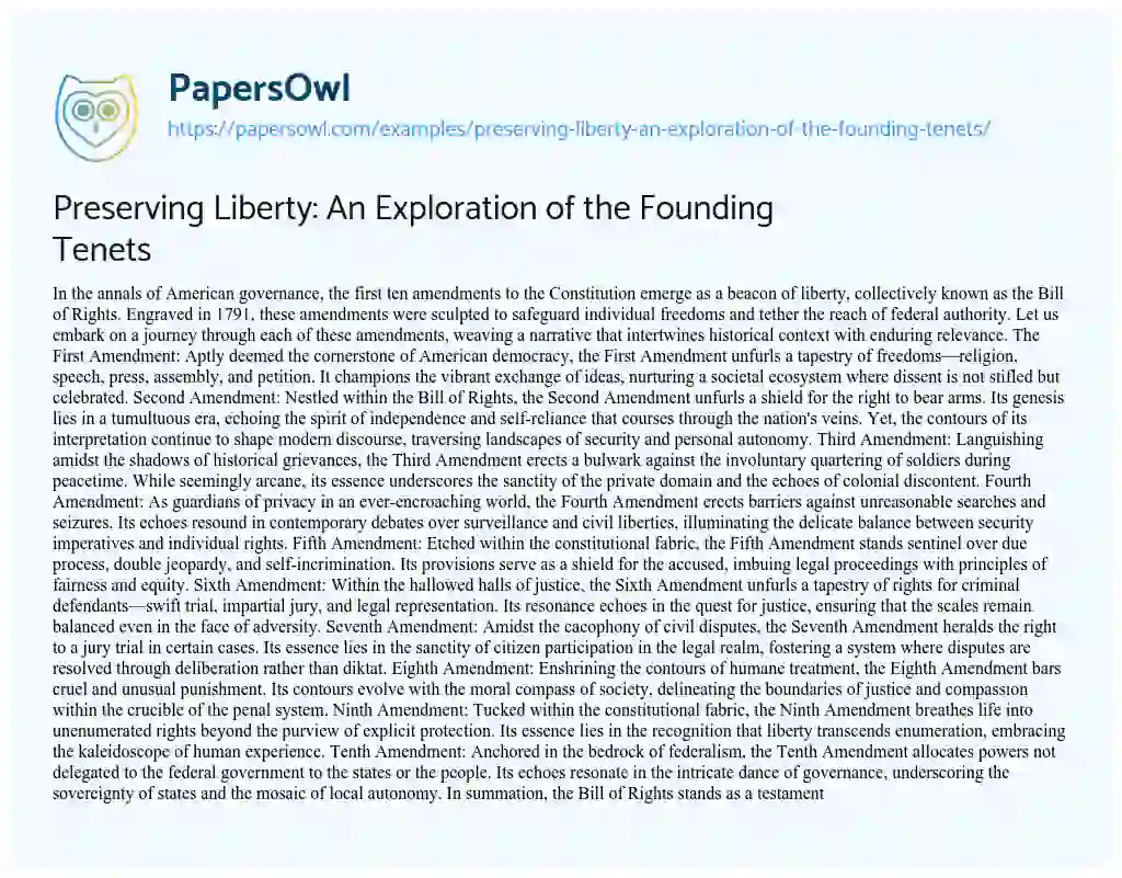 Essay on Preserving Liberty: an Exploration of the Founding Tenets