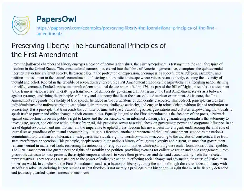 Essay on Preserving Liberty: the Foundational Principles of the First Amendment