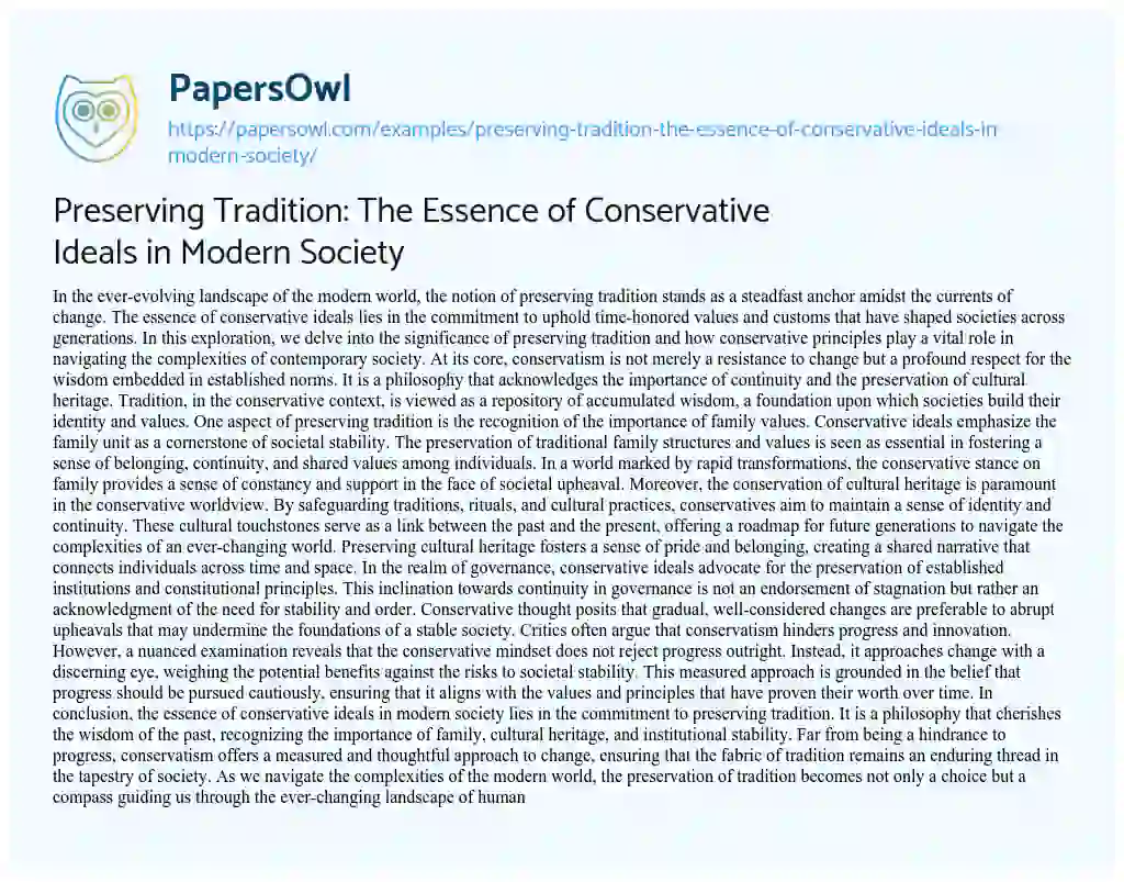 Essay on Preserving Tradition: the Essence of Conservative Ideals in Modern Society