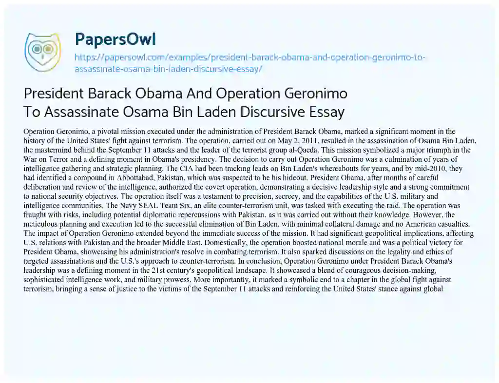 Essay on President Barack Obama and Operation Geronimo to Assassinate Osama Bin Laden Discursive Essay