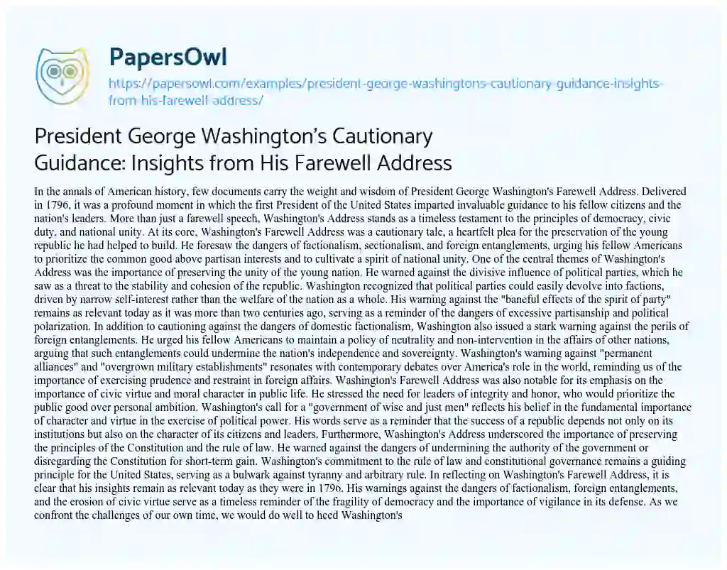 Essay on President George Washington’s Cautionary Guidance: Insights from his Farewell Address