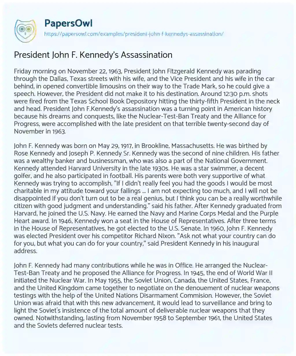 Essay on President John F. Kennedy’s Assassination