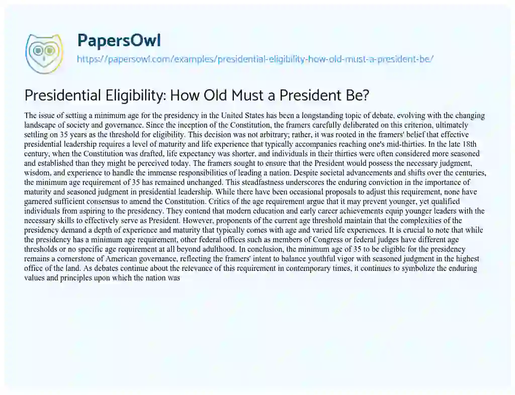 Essay on Presidential Eligibility: how Old Must a President Be?