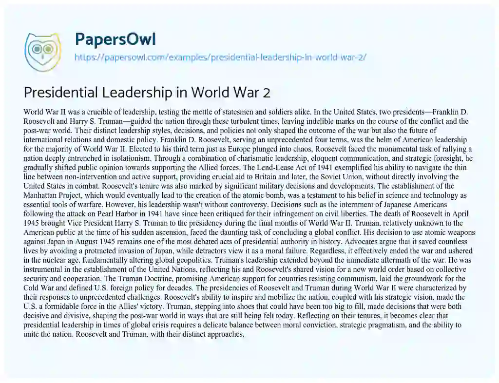 Essay on Presidential Leadership in World War 2