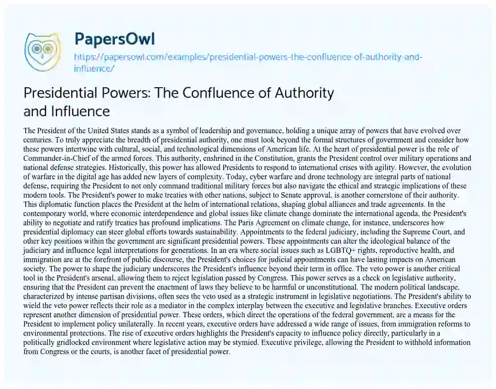 Essay on Presidential Powers: the Confluence of Authority and Influence