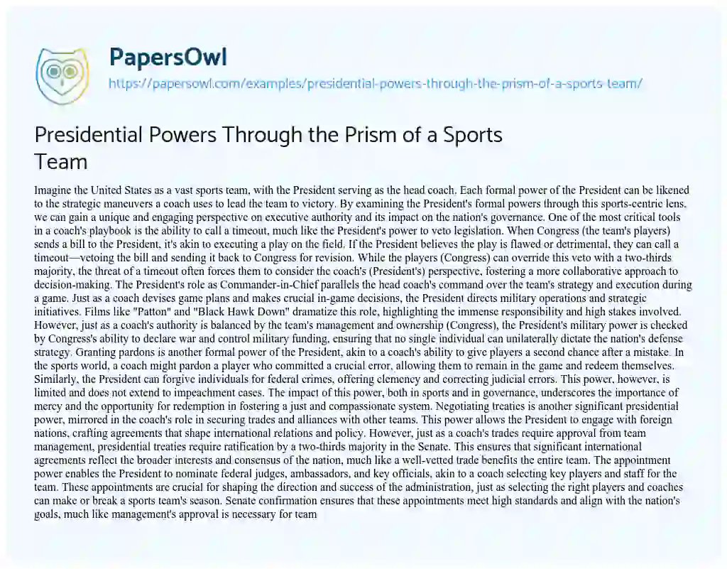 Essay on Presidential Powers through the Prism of a Sports Team