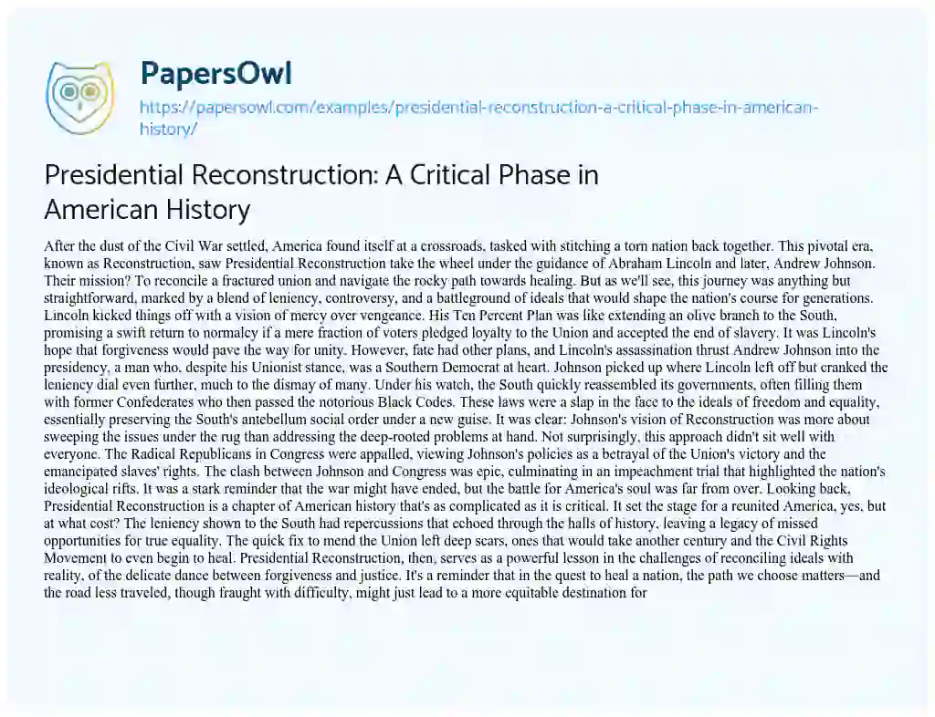 Essay on Presidential Reconstruction: a Critical Phase in American History