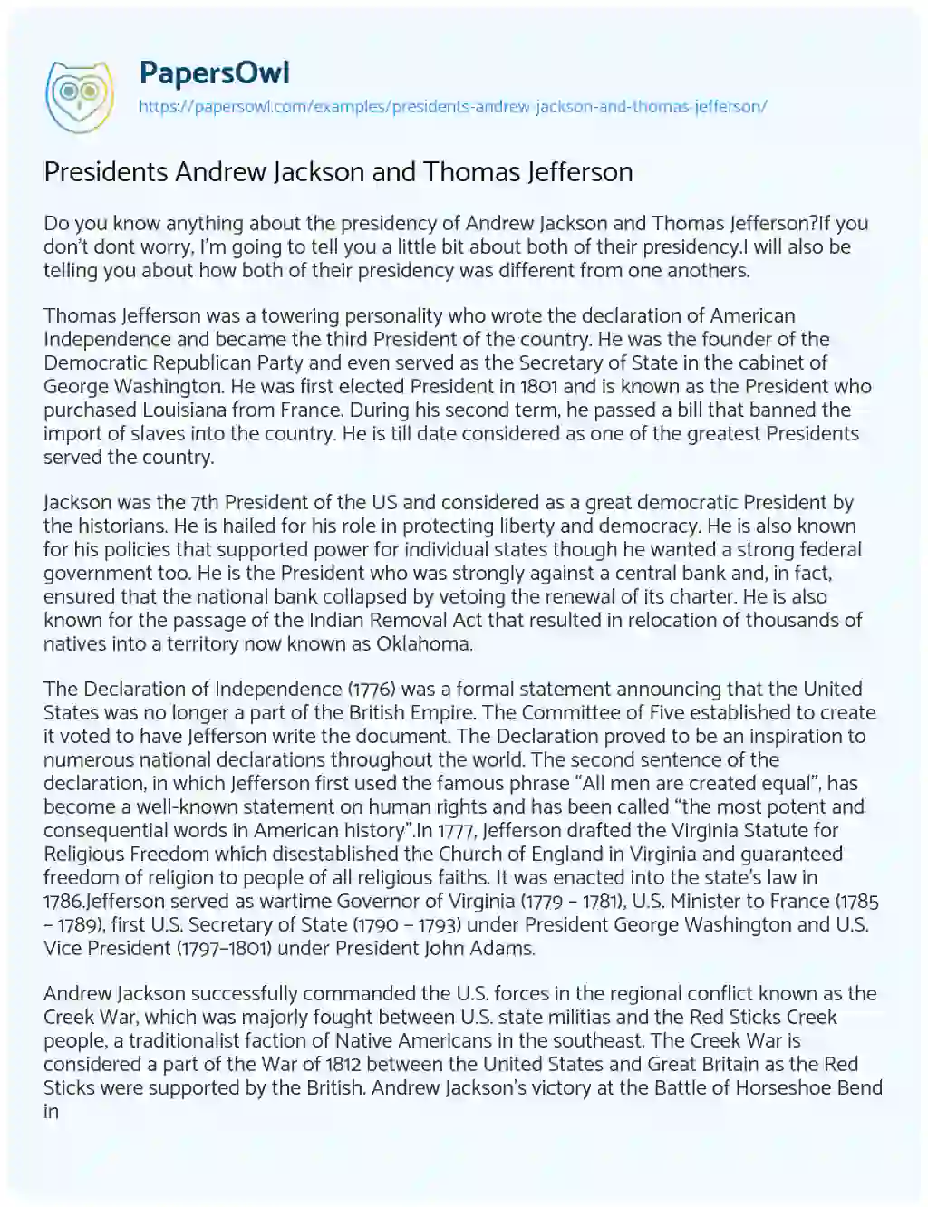 Essay on Presidents Andrew Jackson and Thomas Jefferson