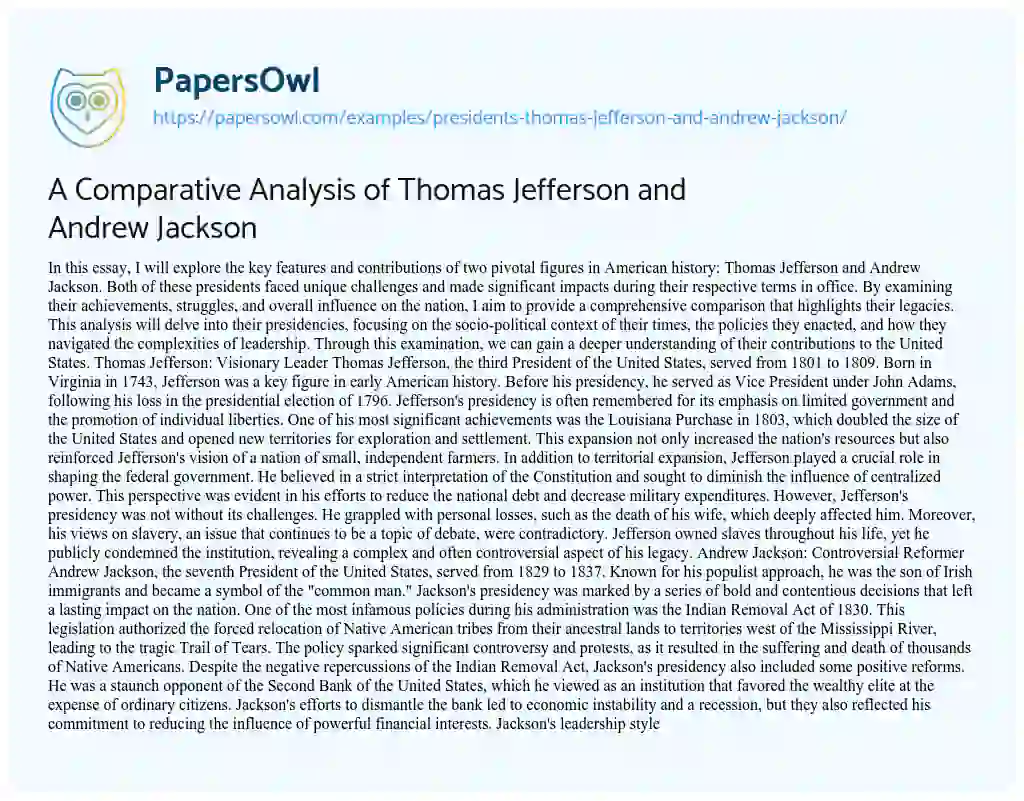 Essay on Presidents Thomas Jefferson and Andrew Jackson