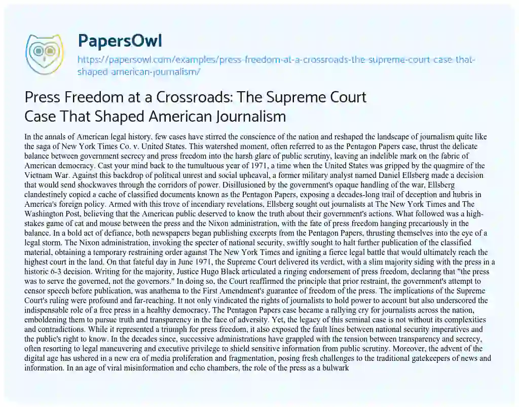 Essay on Press Freedom at a Crossroads: the Supreme Court Case that Shaped American Journalism