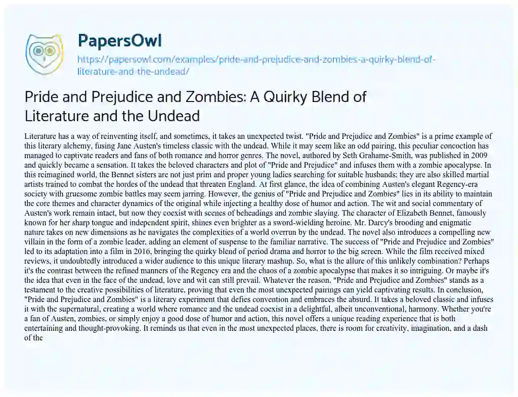 Essay on Pride and Prejudice and Zombies: a Quirky Blend of Literature and the Undead