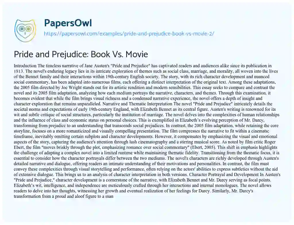 Essay on Pride and Prejudice: Book Vs. Movie
