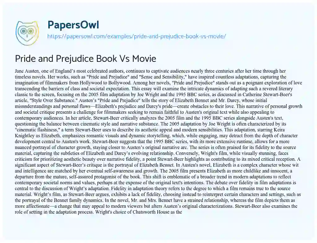 Essay on Pride and Prejudice Book Vs Movie