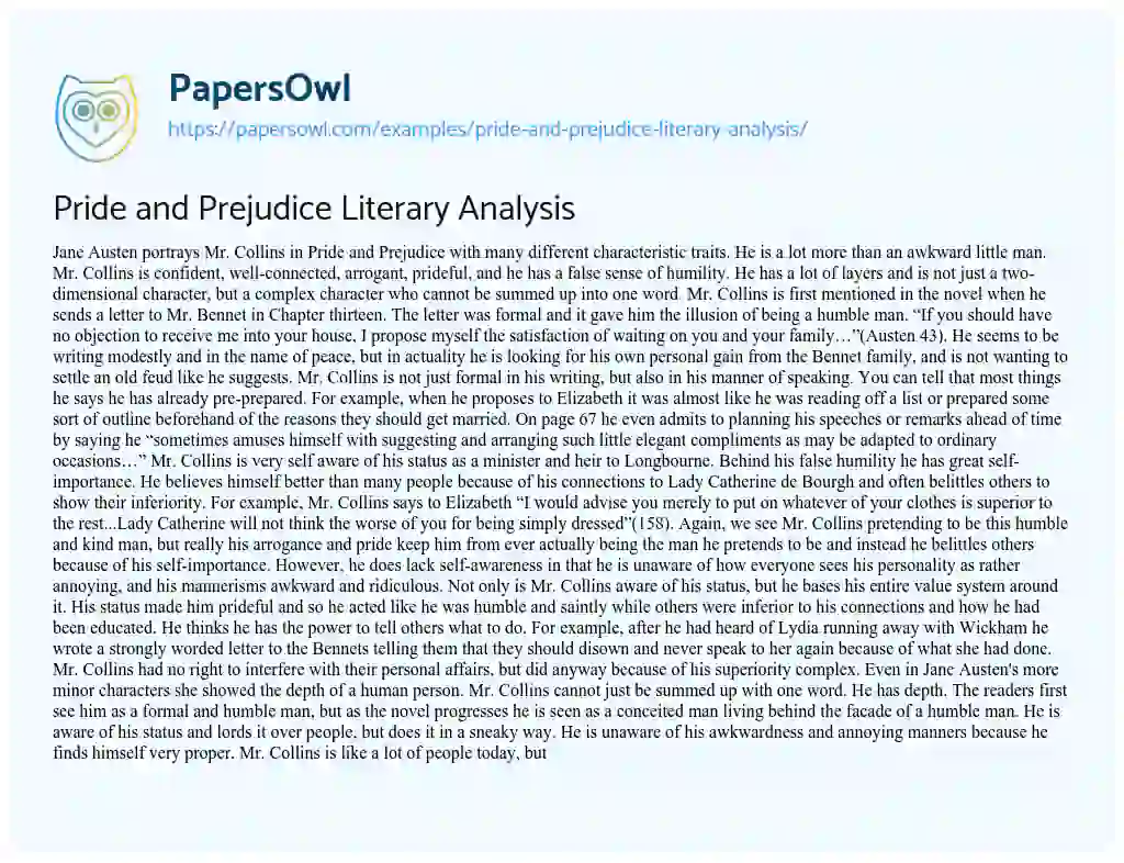 Essay on Pride and Prejudice Literary Analysis