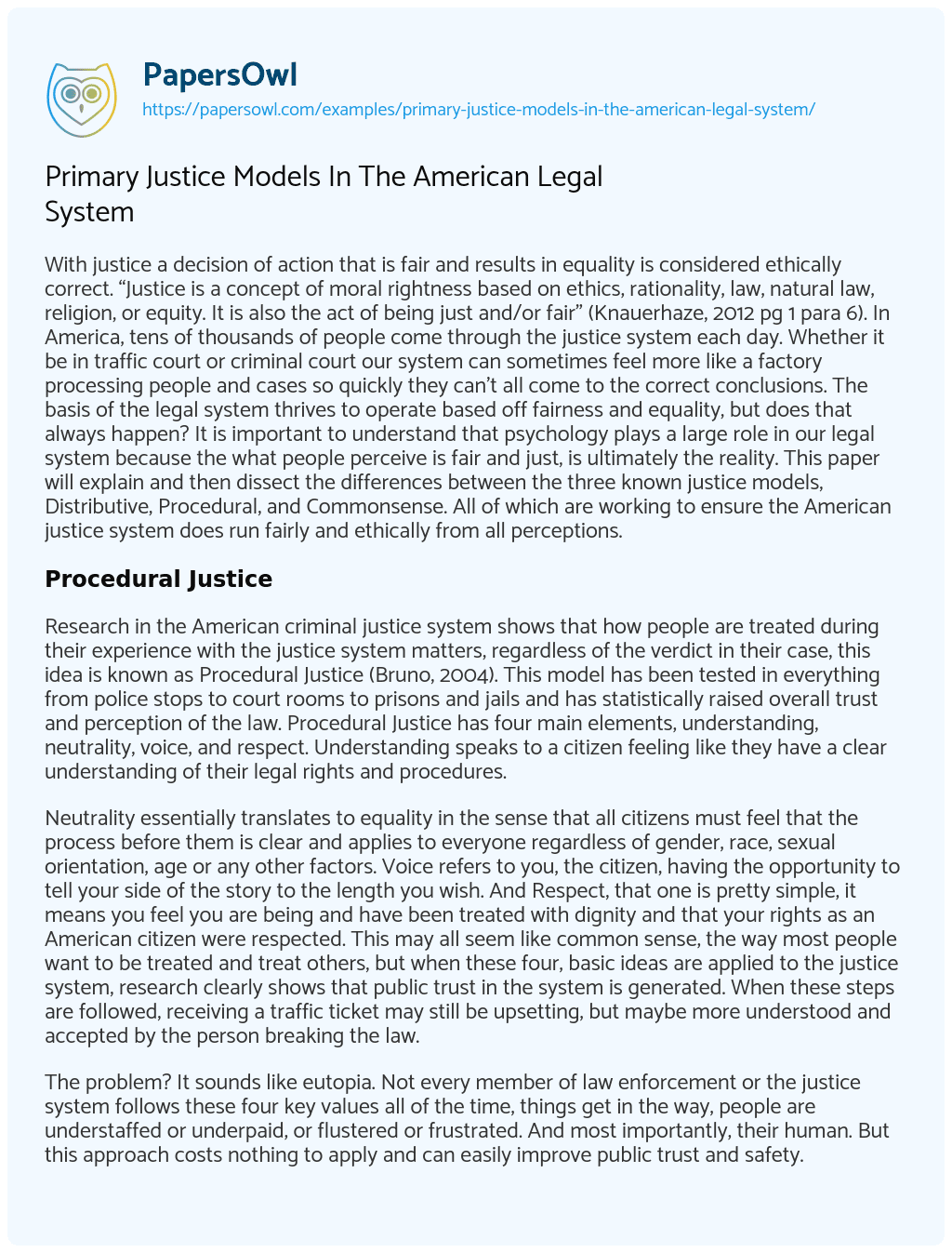 Essay on Primary Justice Models in the American Legal System