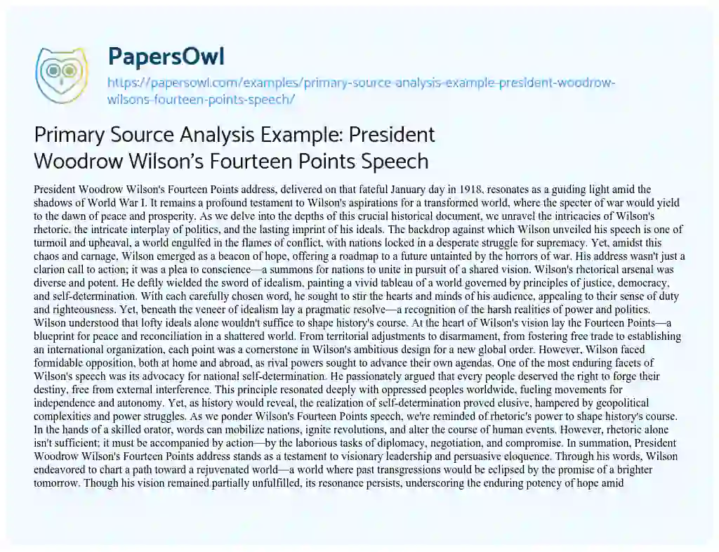 Essay on Primary Source Analysis Example: President Woodrow Wilson’s Fourteen Points Speech
