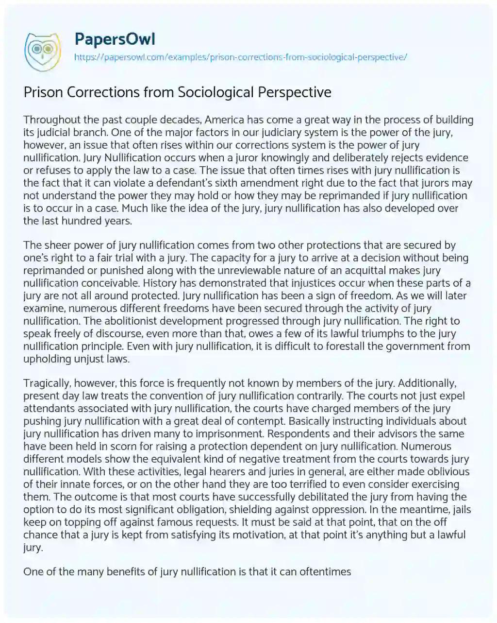 Prison Corrections from Sociological Perspective essay