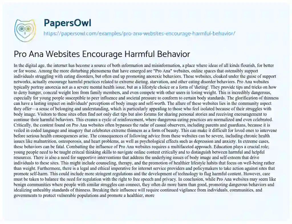 Essay on Pro Ana Websites Encourage Harmful Behavior