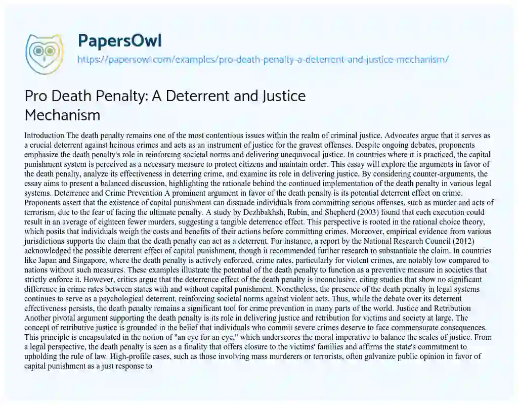 Essay on Pro Death Penalty: A Deterrent and Justice Mechanism