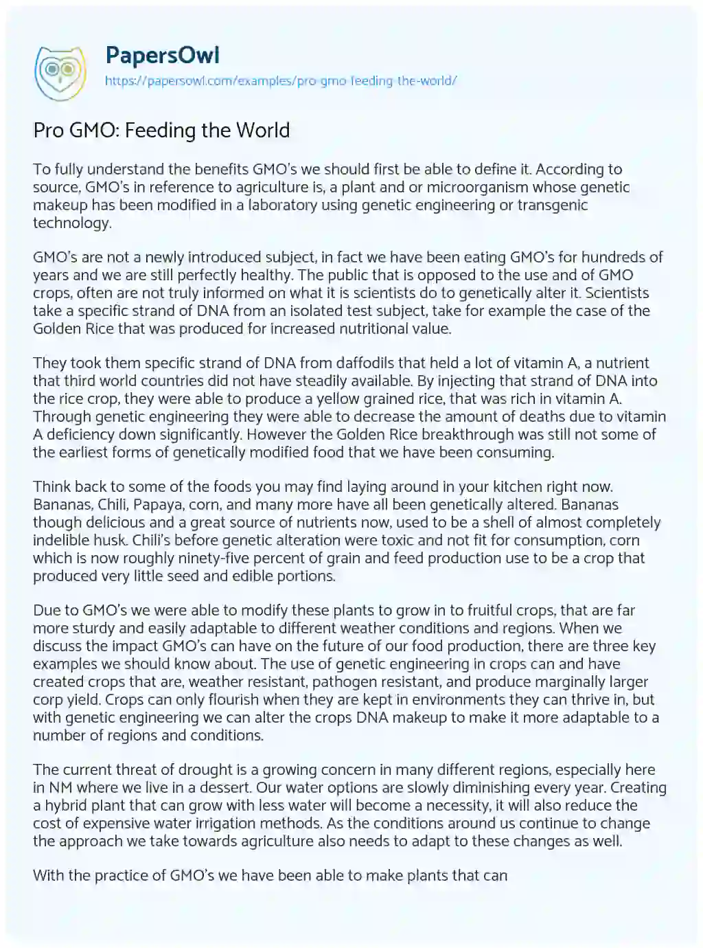Essay on Pro GMO: Feeding the World