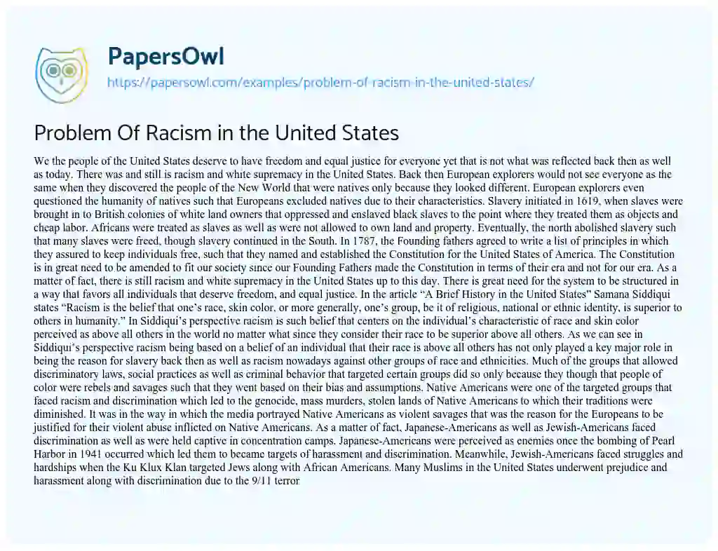 Essay on Problem of Racism in the United States