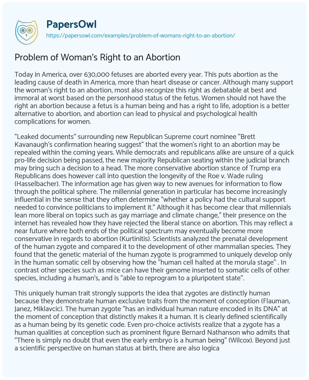 Essay on Problem of Woman’s Right to an Abortion