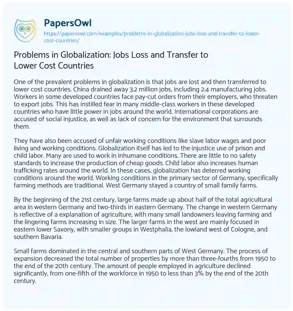 Problems in Globalization: Jobs Loss and Transfer to Lower Cost Countries essay