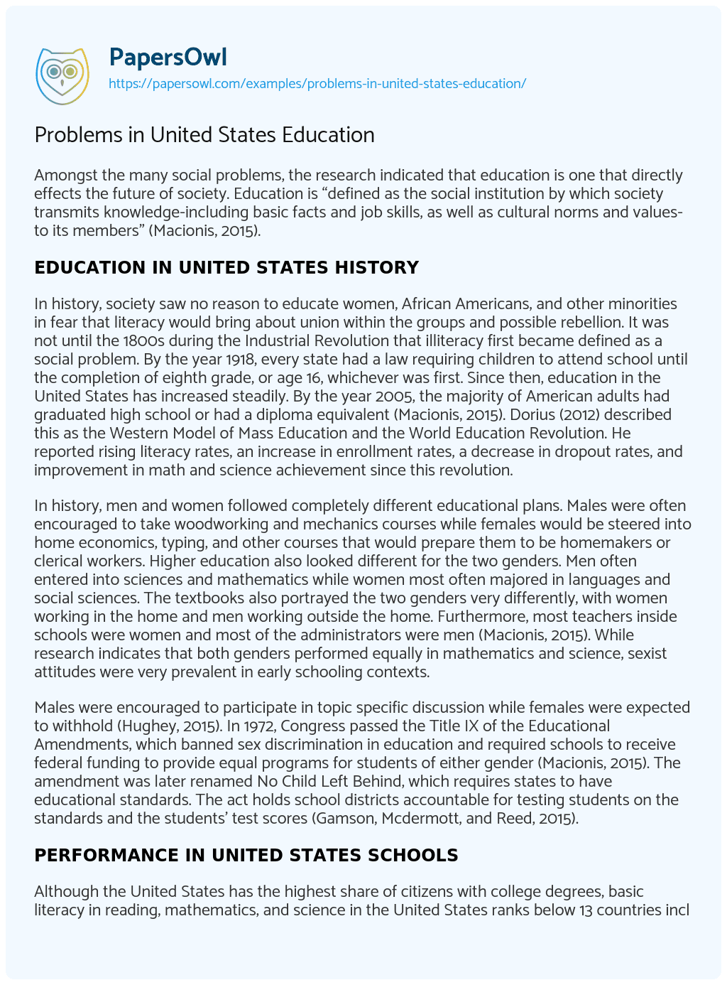 Essay on Problems in United States Education