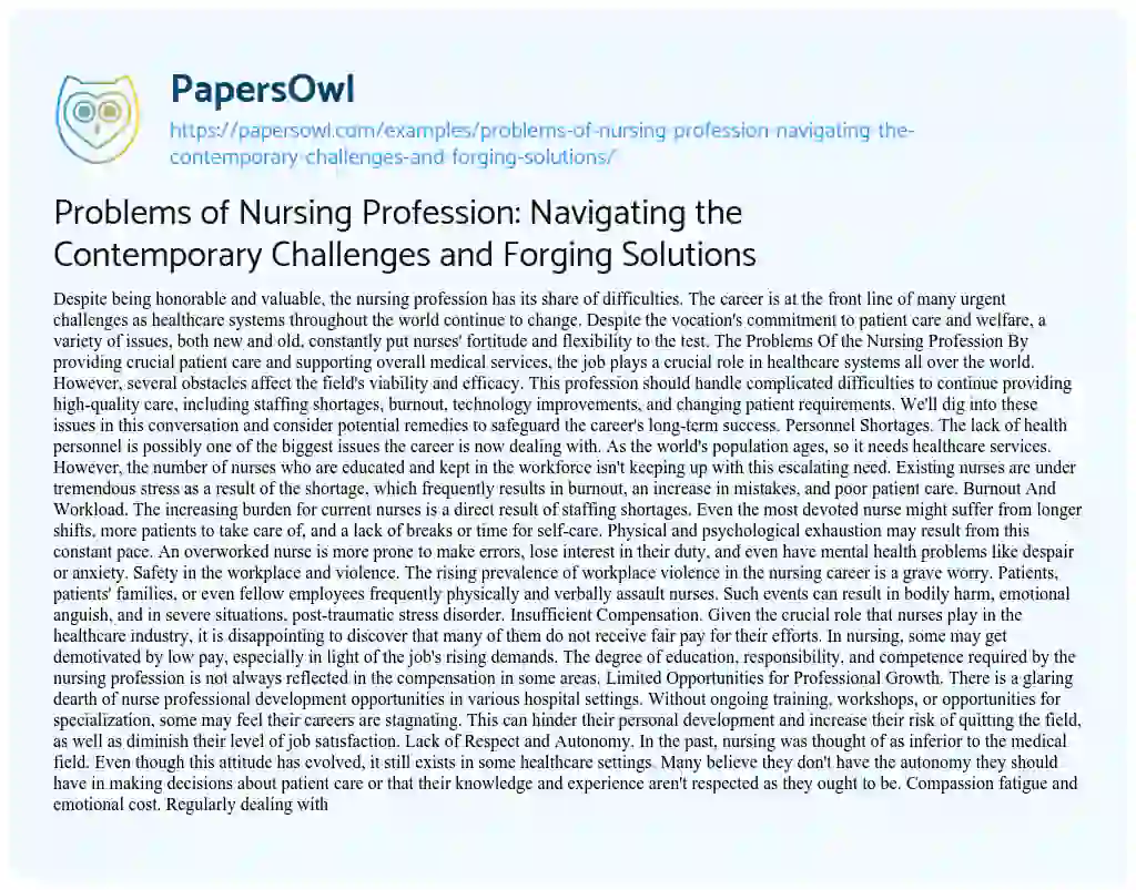 Essay on Problems of Nursing Profession: Navigating the Contemporary Challenges and Forging Solutions