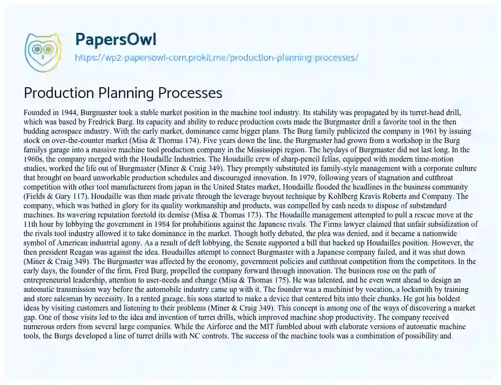 Essay on Production Planning Processes