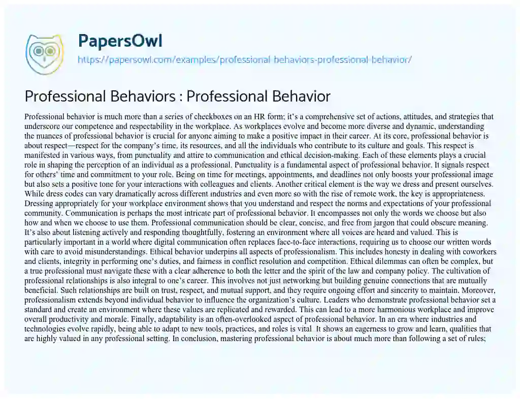 Essay on Professional Behaviors : Professional Behavior