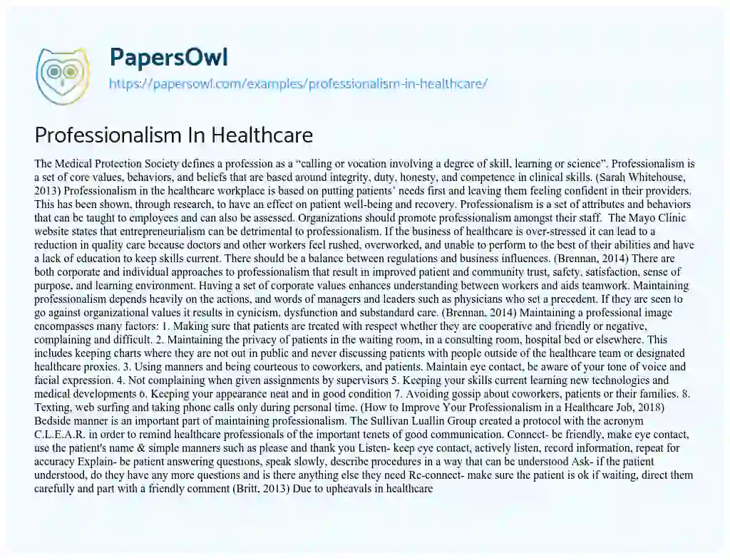 Essay on Professionalism in Healthcare