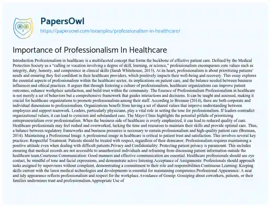 Essay on Professionalism in Healthcare