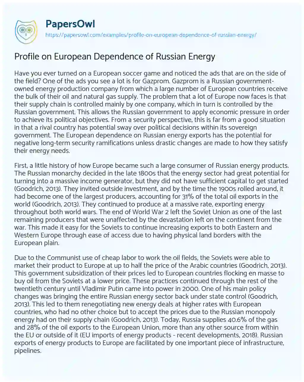 Profile on European Dependence of Russian Energy essay
