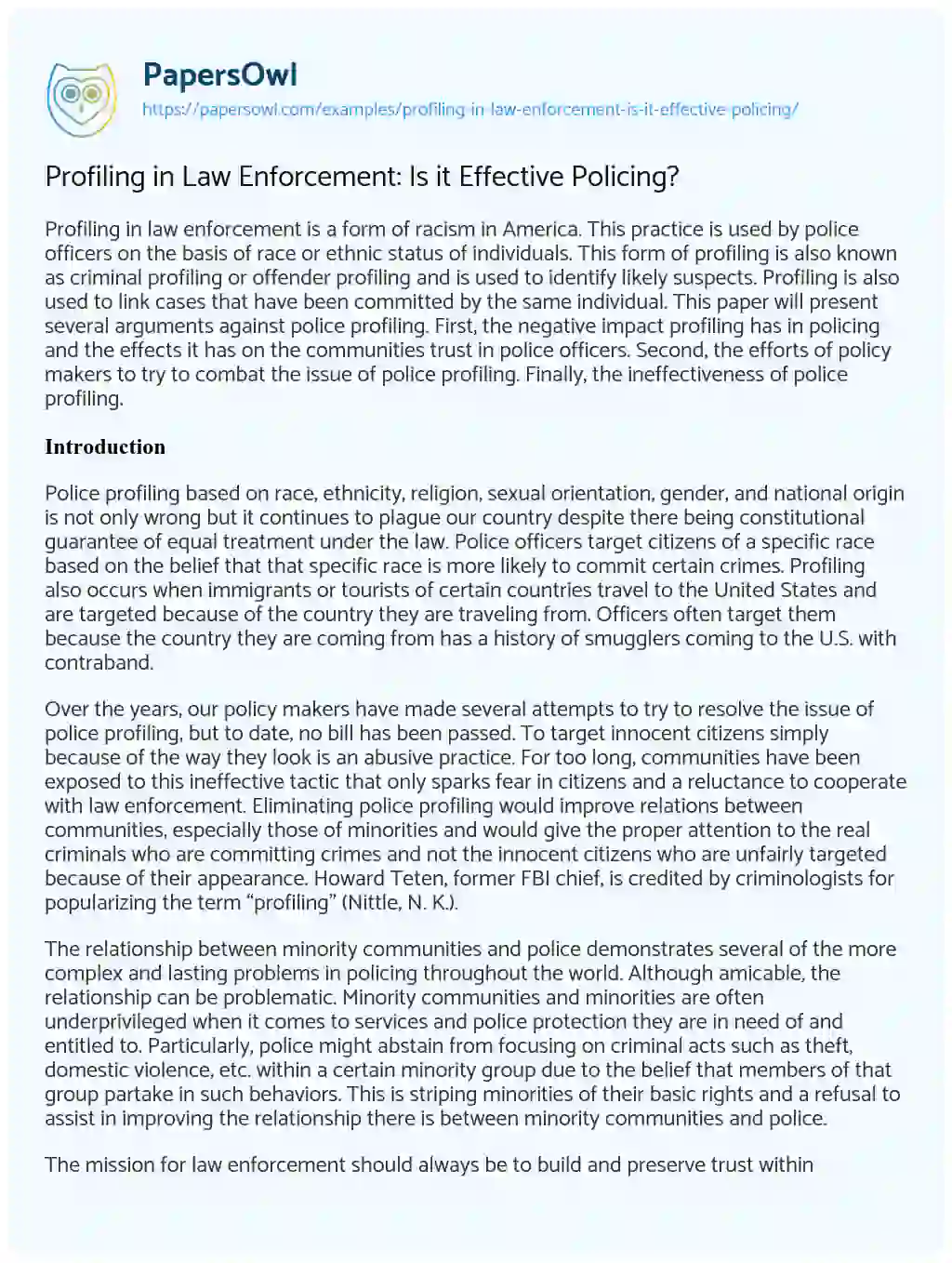 Essay on Profiling in Law Enforcement: is it Effective Policing?