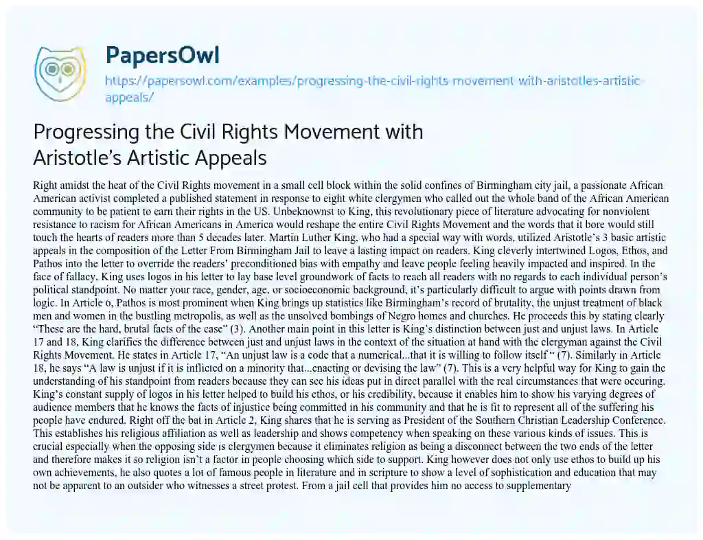Essay on Progressing the Civil Rights Movement with Aristotle’s Artistic Appeals