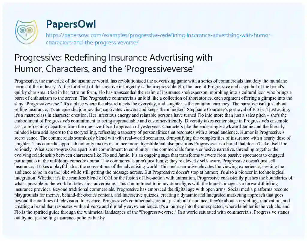 Essay on Progressive: Redefining Insurance Advertising with Humor, Characters, and the ‘Progressiveverse’