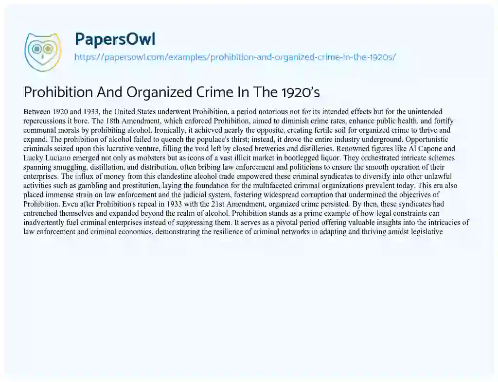 Essay on Prohibition and Organized Crime in the 1920’s