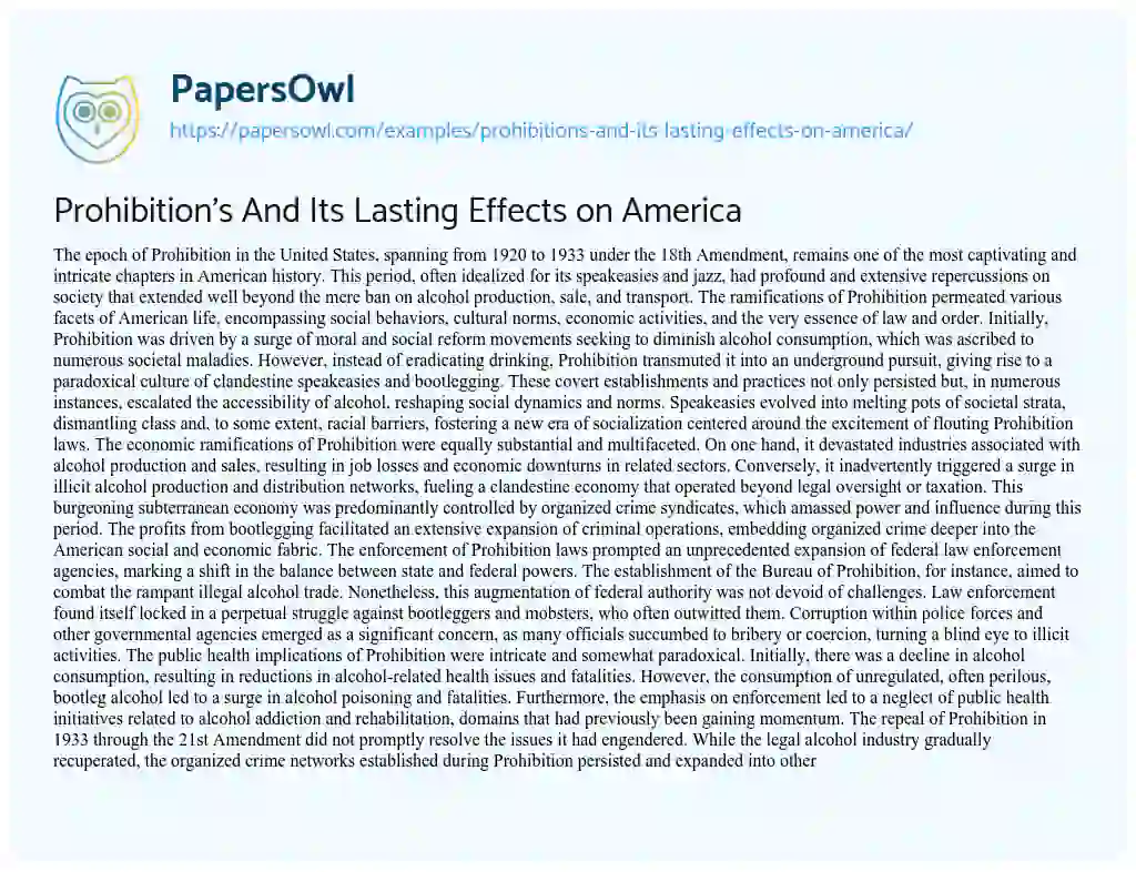 Essay on Prohibition’s and its Lasting Effects on America