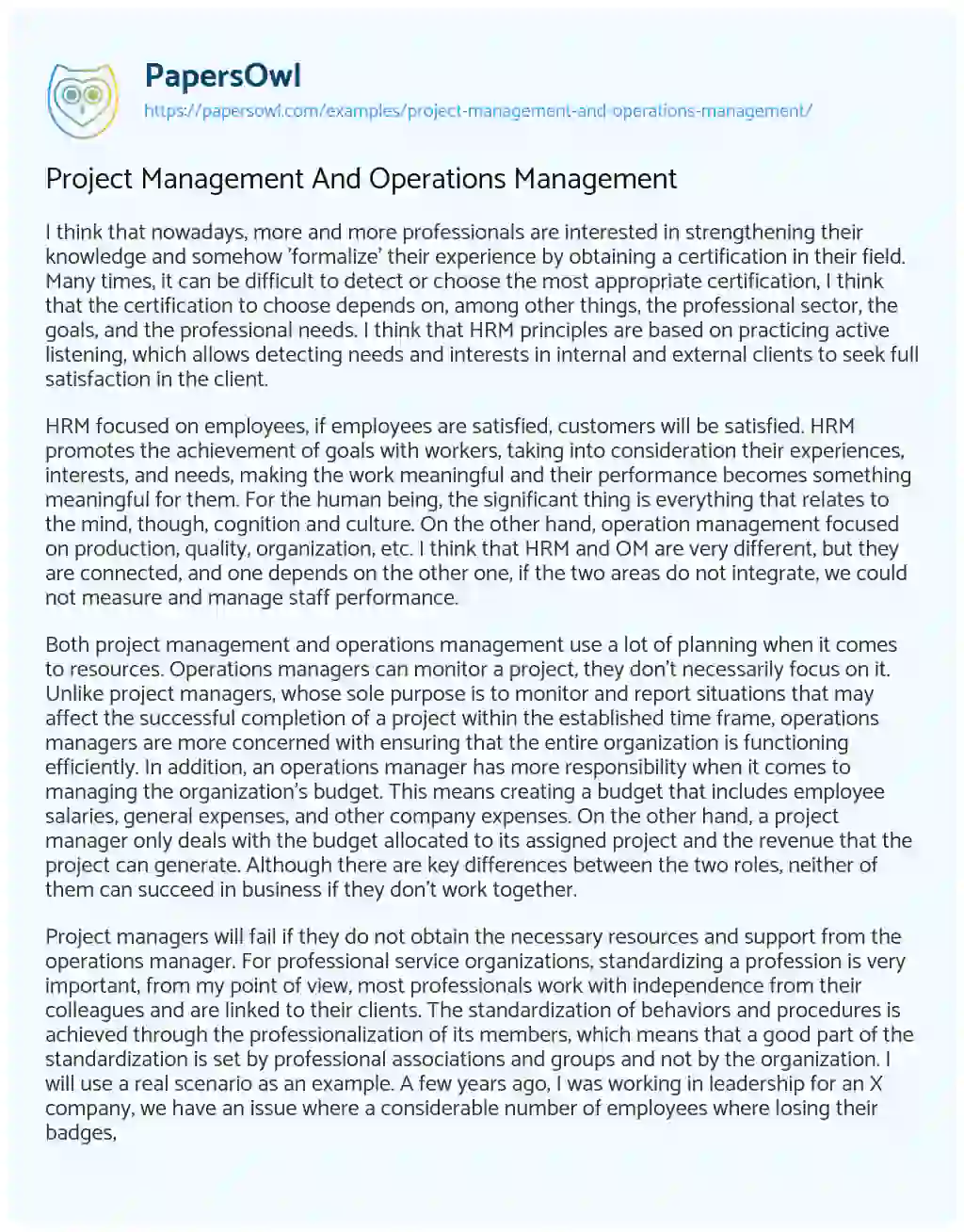 Project Management and Operations Management essay