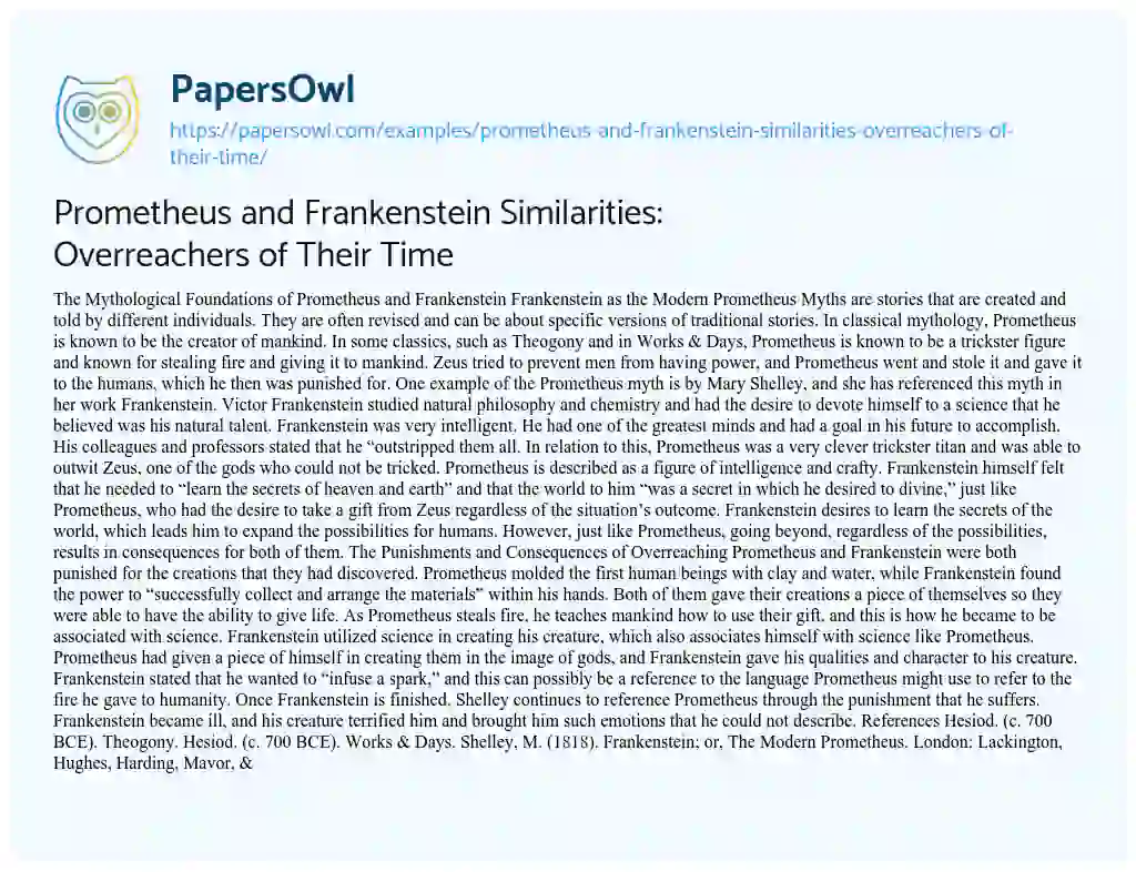 Essay on Prometheus and Frankenstein Similarities: Overreachers of their Time