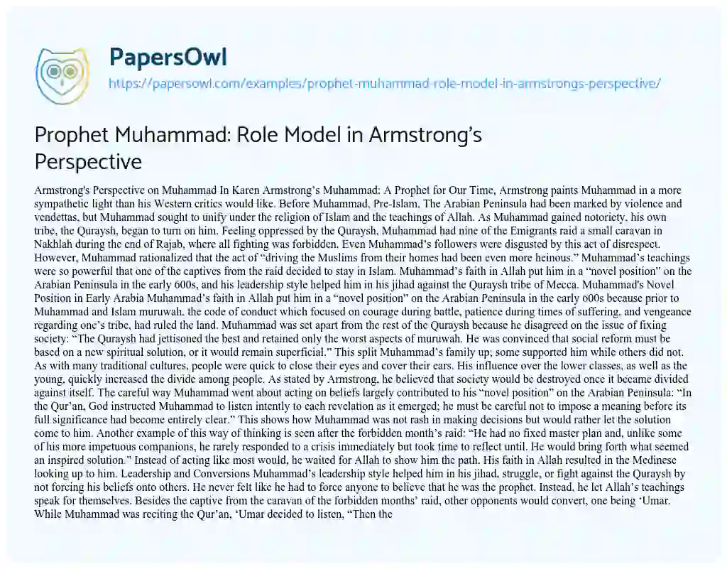 Essay on Prophet Muhammad: Role Model in Armstrong’s Perspective