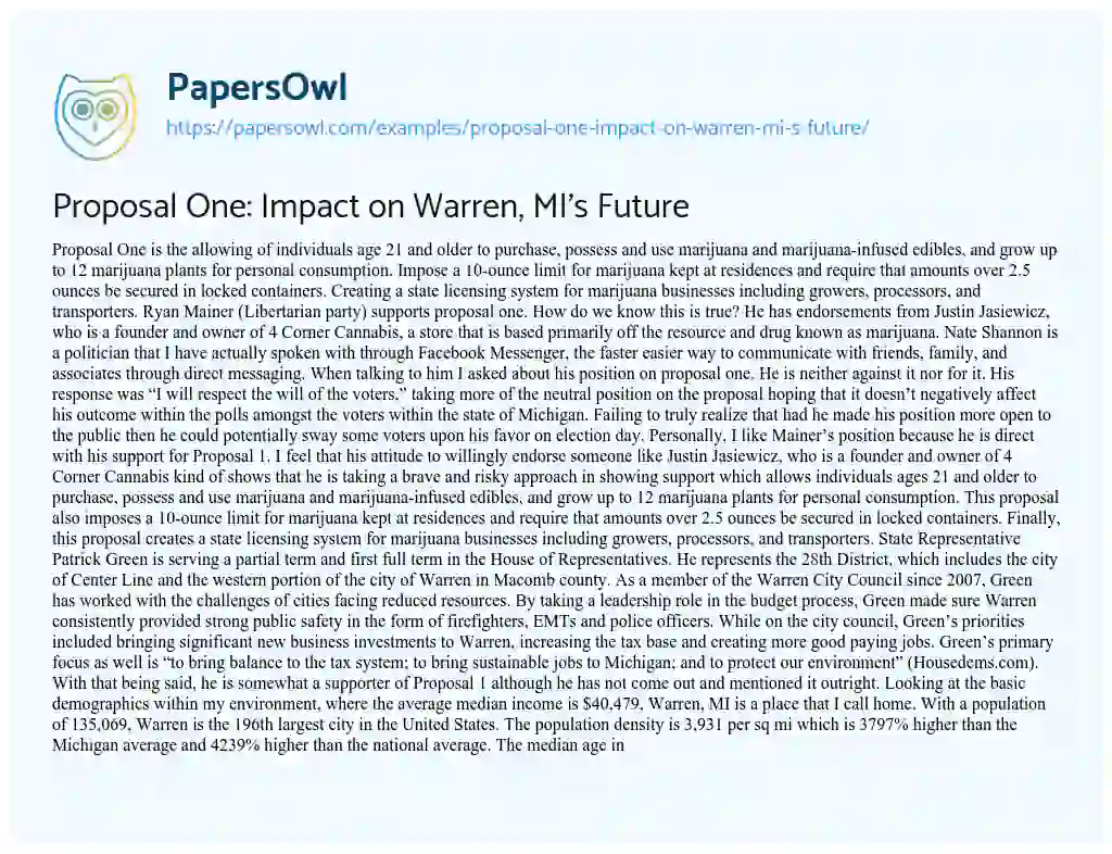 Essay on Proposal One: Impact on Warren, MI’s Future
