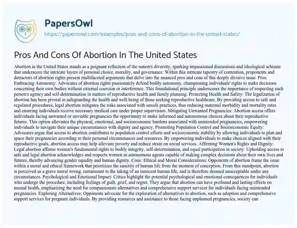 Essay on Pros and Cons of Abortion in the United States