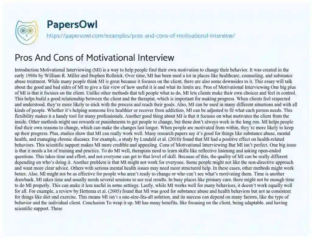 Essay on Pros and Cons of Motivational Interview