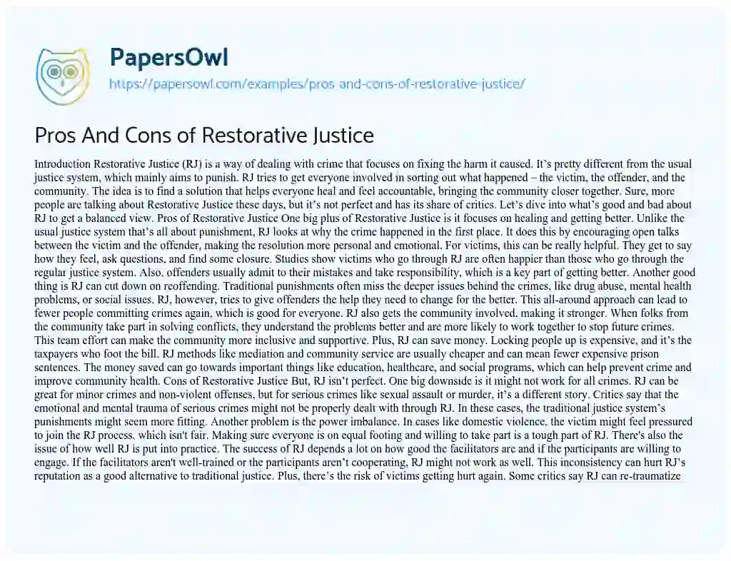 Essay on Pros and Cons of Restorative Justice