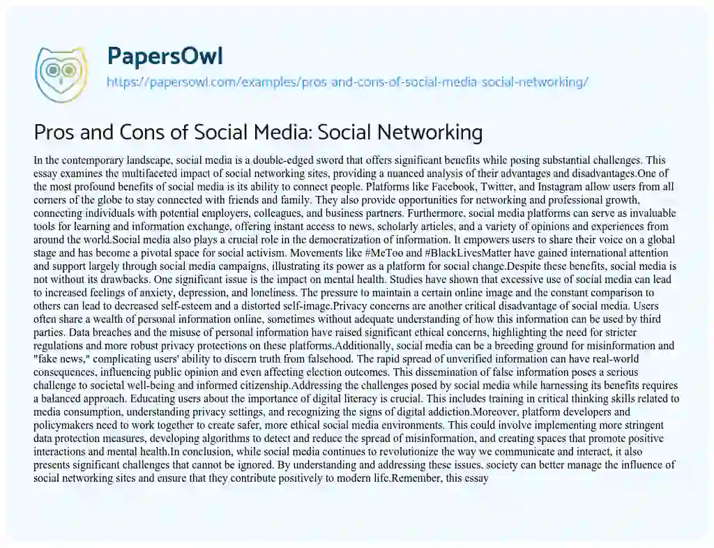 Essay on Pros and Cons of Social Media: Social Networking