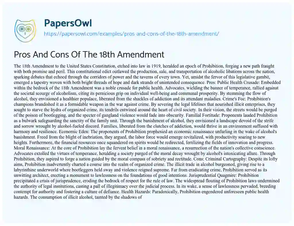Essay on Pros and Cons of the 18th Amendment