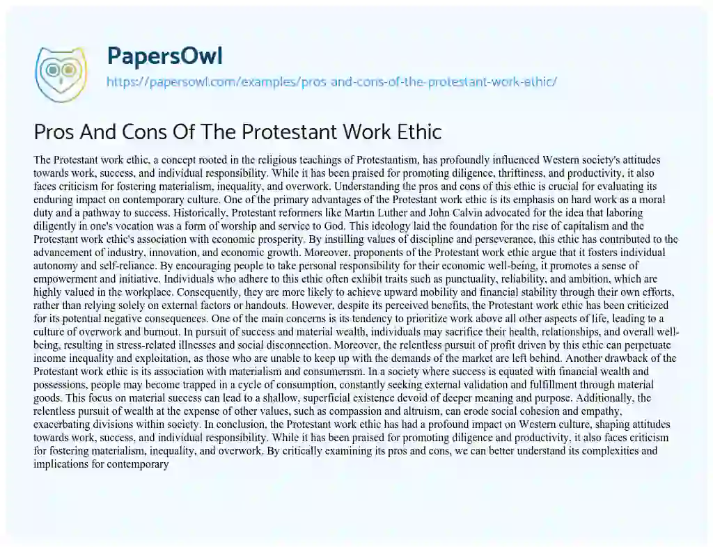 Essay on Pros And Cons Of The Protestant Work Ethic