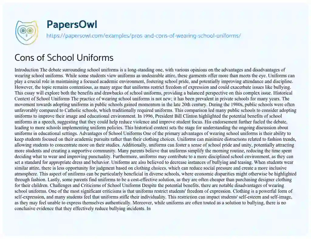 Essay on Pros and Cons of Wearing School Uniforms